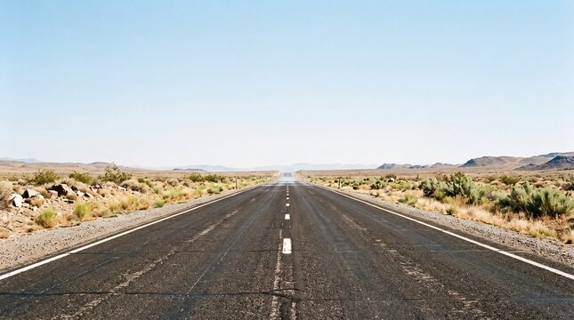 Empty desert highway stretching to the horizon under a clear blue sky with heat haze