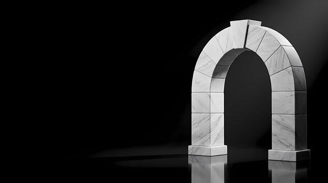 Freestanding white Carrara marble arch with central keystone on black reflective surface, teamwork balance and architectural structural stability concept with copy space