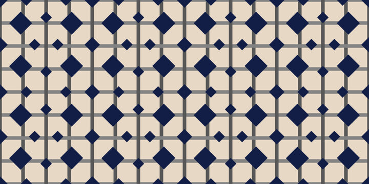 A seamless pattern featuring geometric and fabric like motifs on a beige background.