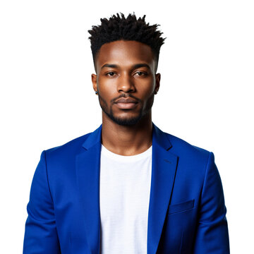 Black man portrait blue blazer posing on a transparent background for professional business headshot or profile use