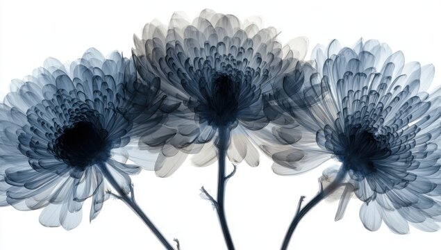 Three beautiful blue chrysanthemum flowers arranged in a row isolated on a white background for floral design and artistic botanical photography