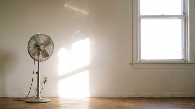 Standing pedestal fan in an empty sunlit room beside a window on a hot summer day