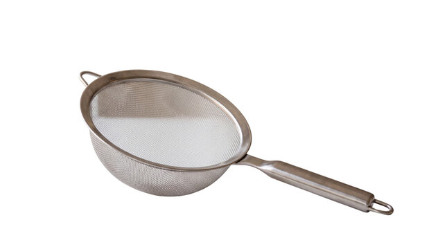 Stainless steel mesh sieve strainer for cooking, metallic kitchen colander for baking, silver metal fine mesh sifter utensil isolated PNG with Transparent Background