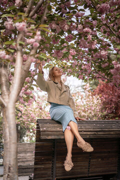 Blonde woman relaxing on wooden bench beneath branches of vibrant blooming cherry blossom trees during serene spring day in city park