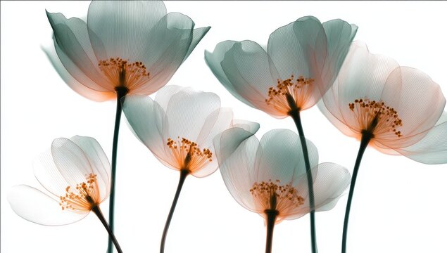 A beautiful artistic composition of delicate translucent flowers with soft pastel colors isolated against a clean white background for elegant floral design