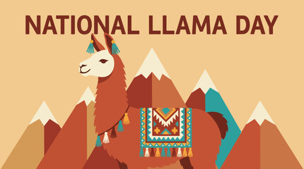 Cute Andean llama standing in front of snowcapped mountains wearing traditional colorful woven blanket for national llama day © Any