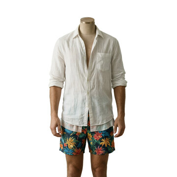 Linen shirt shorts mannikin isolated on a transparent background showing casual summer vacation style clothing for ecommerce or catalog design