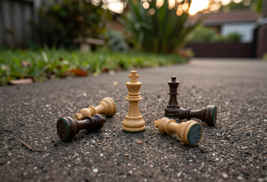 Strategic leadership and business competition, white king standing among fallen chess pieces on outdoor pavement victory and market dominance