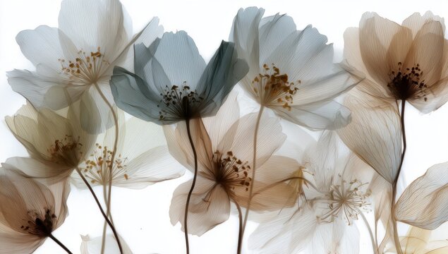 A beautiful artistic composition of delicate translucent flowers with soft pastel tones isolated on a clean white background for elegant floral design