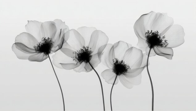 A beautiful artistic composition of four delicate poppy flowers captured in a minimalist black and white style on a soft grey background