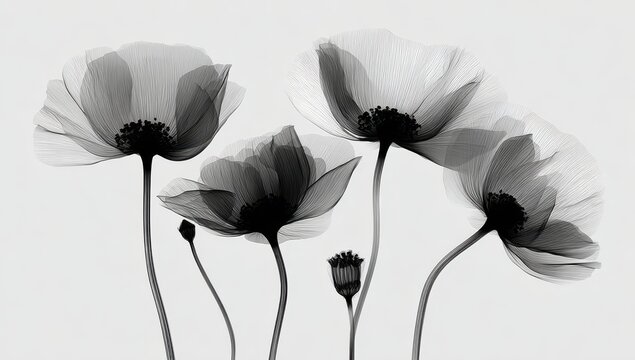 A beautiful artistic black and white photograph of delicate poppy flowers isolated against a clean light grey background for minimalist interior design