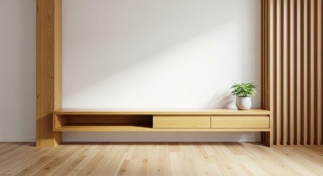 Modern minimalist wooden tv console unit in a bright living room