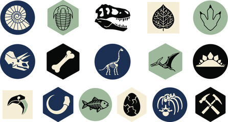 Paleontology and Dinosaur Fossil Icon Set Featuring Prehistoric Skeleton Bones, Skulls, Shells, and Archeology Tools © tofajjol studio
