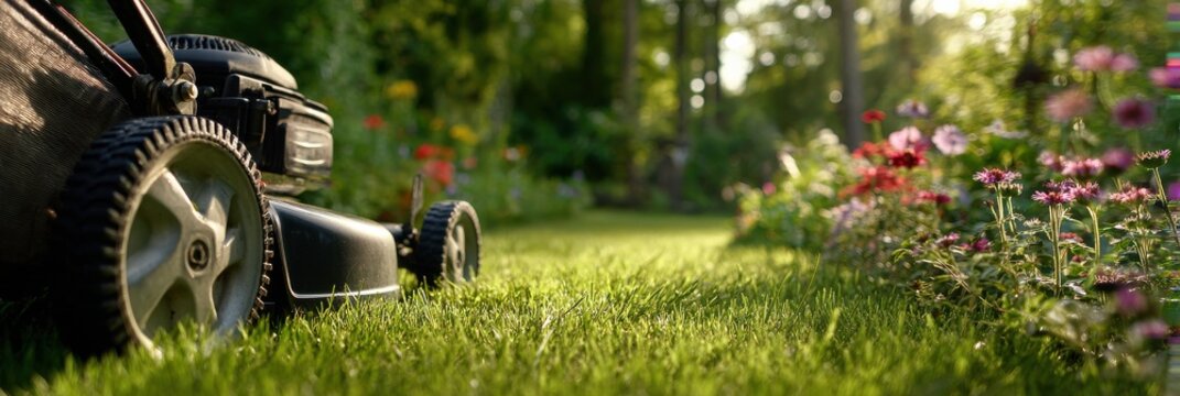A low angle view of a lawn mower cutting grass in a lush green backyard on a bright sunny summer afternoon day
