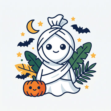 Cute Pocong ghost character celebrating Halloween with a cute pumpkin and tropical leaves, flat vector illustration style