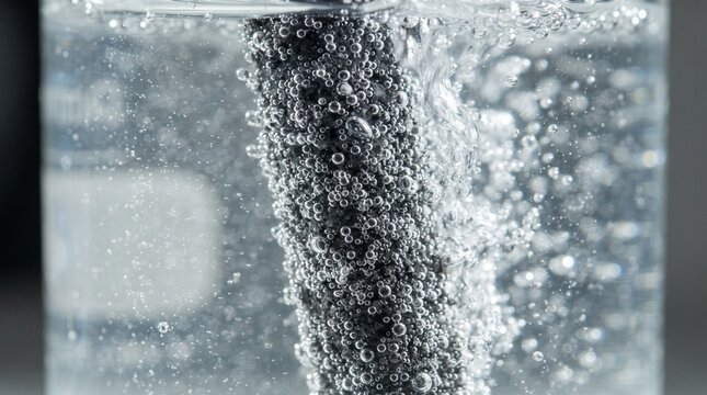 Close up of electrolysis process with hydrogen gas bubbles forming on electrode in water for renewable energy and green hydrogen production concept