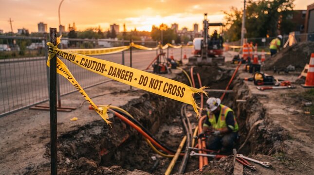 Construction workers install underground utilities with caution tape marking the work zone during sunset