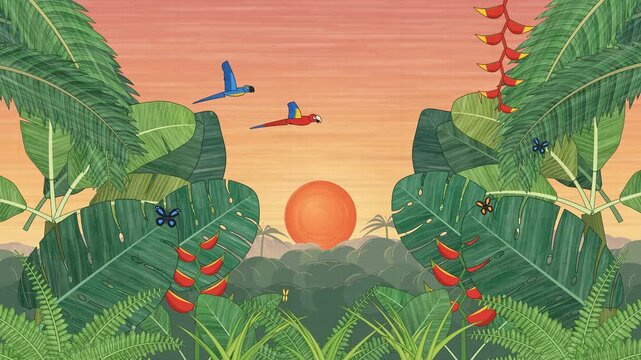 Naive painting jungle background: tropical leaves frame a sunset sky, macaws fly across as the wind sways banana and monstera leaves, seamless loop