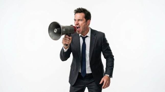 Assertive businessman in a suit shouting into a megaphone on a clean white background