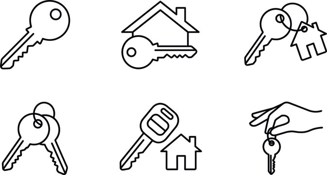 House Keys Line Icon Set Featuring Real Estate Concepts Mortgages Property Ownership Hand Holding Key And Keychain Symbols For Website App UI Elements