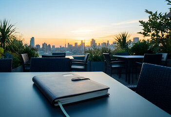 Fototapeta premium Remote work and digital nomad lifestyle, leather notebook on a rooftop terrace table overlooking a city skyline at sunset for business planning