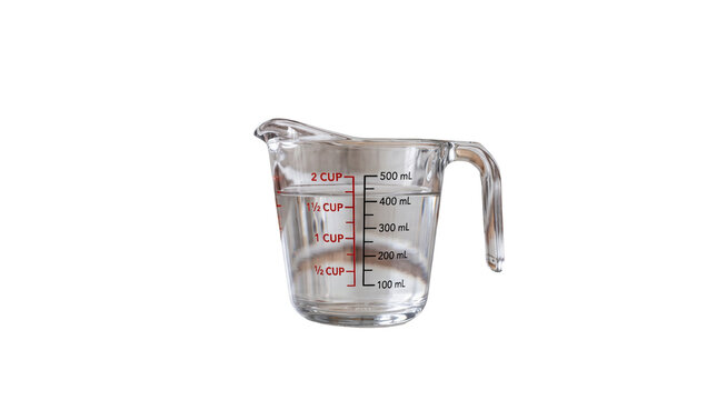 Clear glass measuring cup filled with water, transparent measuring pitcher for baking, kitchen measuring jug with red scale markings isolated PNG with Transparent Background