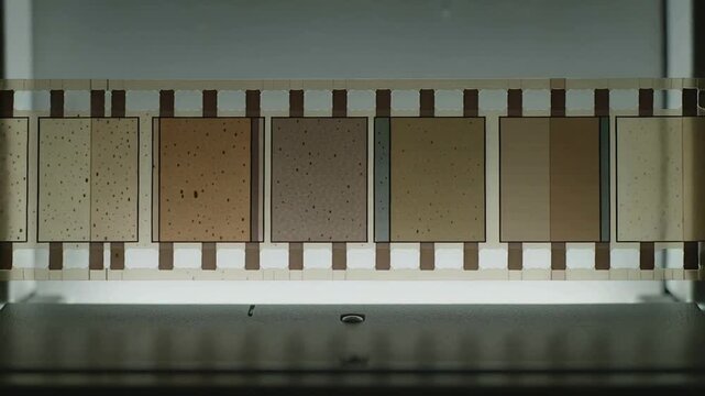 Advancing motor moving film strip across lightbox for inspection, showing speckled frames and rails