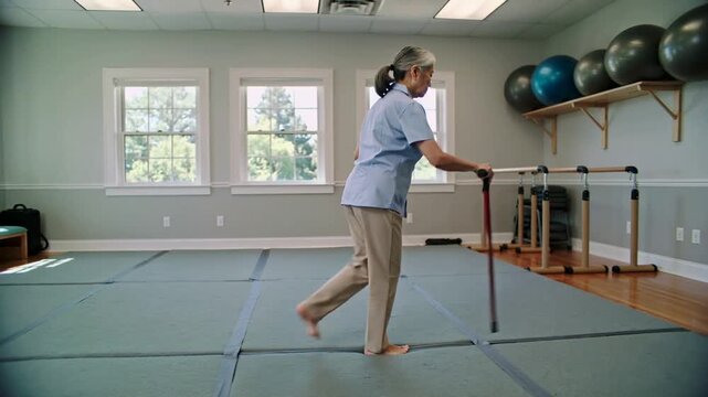 Starting walk, senior patient in blue top with red cane stepping in therapy room
