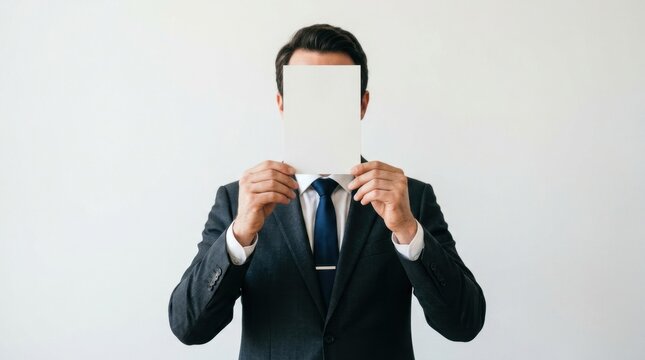 Businessman holding a blank white paper in front of his face standing against a white wall