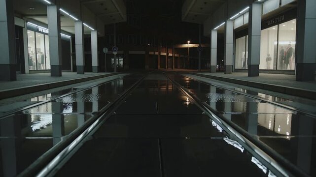 Glinting tram rails and puddles catching light from incoming tram crossing covered stop at night