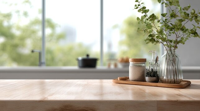 Empty wood table top view for product display montage on blur kitchen counter and wide window background hyper realistic and texture 