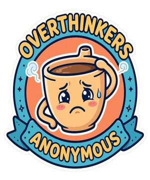 Overthinkers anonymous funny coffee cup badge, relatable anxiety humor illustration