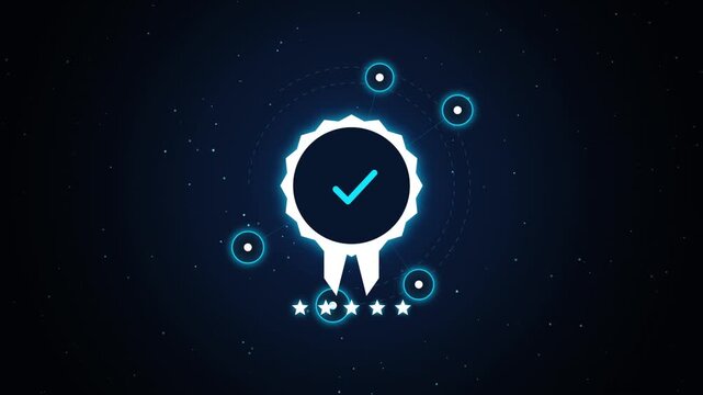 A high quality motion graphic featuring a five star certified badge with a central blue checkmark. Glowing circular particles orbit the emblem on a dark background showing a professional digital inter