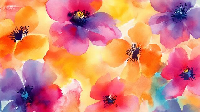 Vibrant watercolor flowers bloom beautifully, showcasing pink, orange, and purple hues, symbolizing springtime's gentle warmth