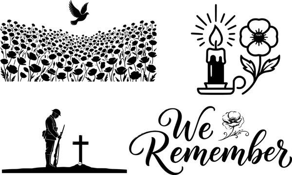 We Remember elegant script typography quote with poppy field dove soldier memorial cross and candle illustration set for Remembrance Day and memorial print design