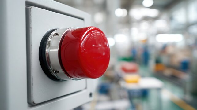 Bright red emergency stop button prominently mounted on a clean modern machine, close up foreground, softly blurred contemporary industrial