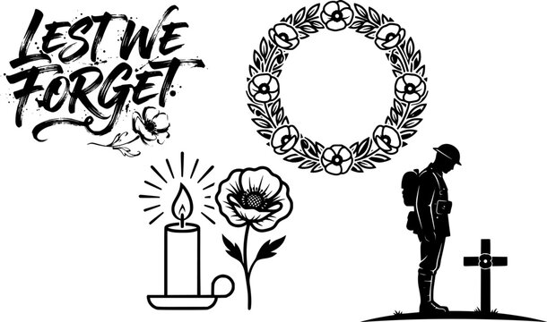 Lest We Forget bold typography quote with poppy wreath candle and soldier memorial cross silhouette illustration set for Remembrance Day and Anzac Day print design