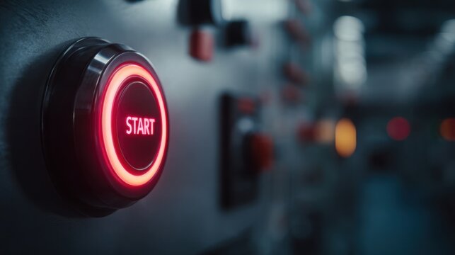 Bright red illuminated start button mounted on a sleek modern industrial control panel, extreme close up foreground, soft contemporary factory