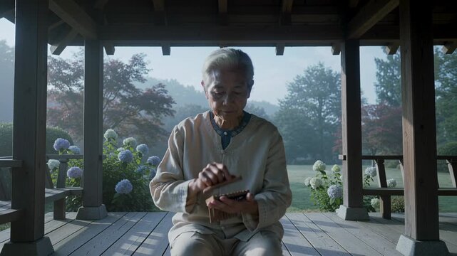 Pulling camera revealing senior plucking kalimba on wooden porch, hydrangeas nearby, making music