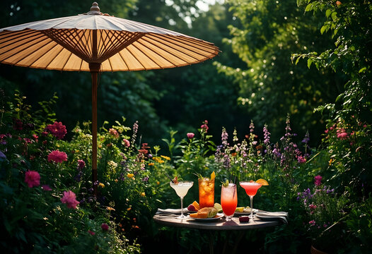 Summer vacation and leisure lifestyle, refreshing cocktails on a garden table under a parasol in a lush blooming backyard during a sunny afternoon