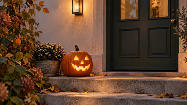 Leuchtender Halloweenk&uuml;rbis vor der Haust&uuml;r
