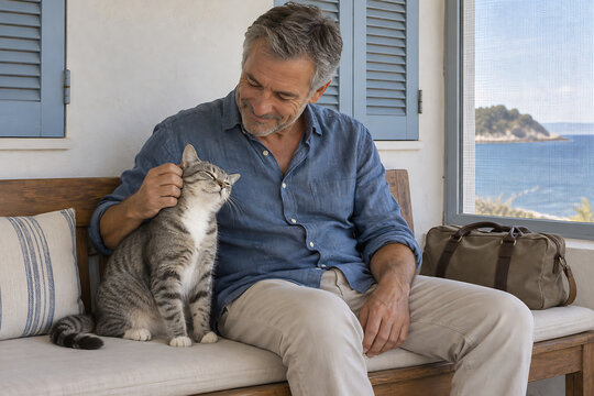 Relaxed Man Sitting with Cat on Coastal Porch Overlooking the Sea