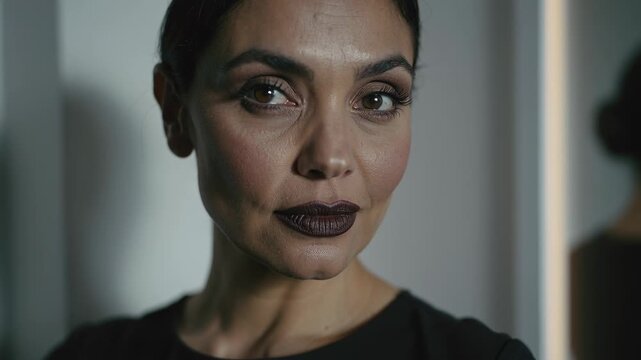 Shifting woman on camera refocus on set, facing lens with LED strip, mirror, black-top