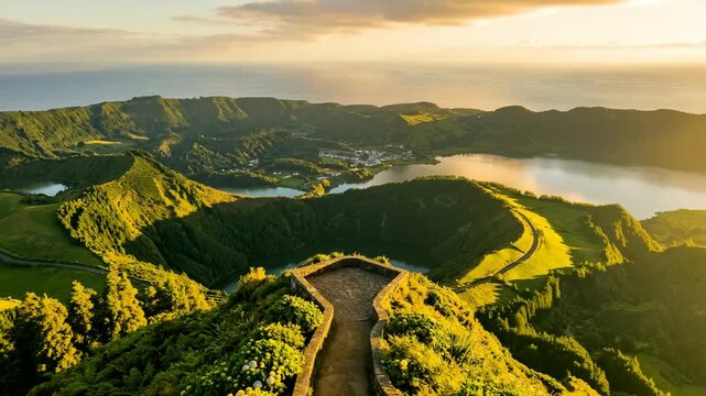 sete cidades azores portugal volcanic lakes aerial timelapse landscape video