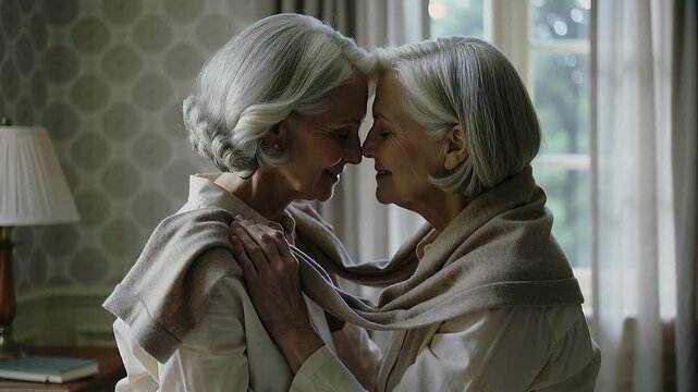 Lifting scarf, senior woman wrapping partner's shoulders on bed for warmth while wearing loungewear