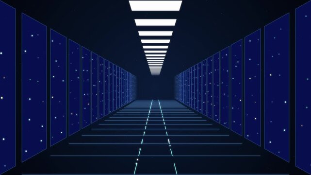 Data center server room corridor in black and navy. Camera flythrough between glowing server racks. Looping animation for cloud computing and IT