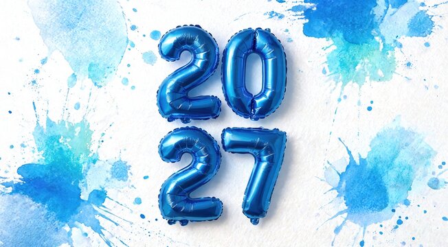 Blue metallic number balloons displaying 2057 against a white background with vibrant blue watercolor splashes and ink splatters.