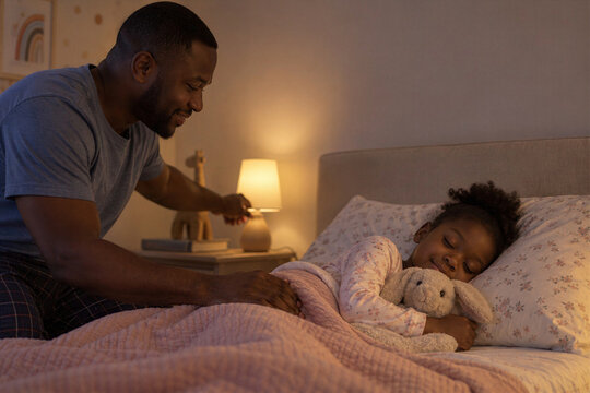 Black father tucking in little daughter with plush bunny in bed, switching night lamp at bedtime, sweet dreams
