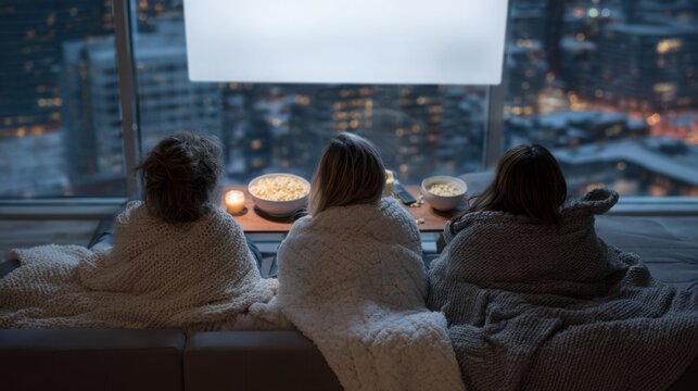 close up of three friends having a cozy winter movie night at home, seen from behind sitting under soft blankets on a large sofa, bowls of popcorn