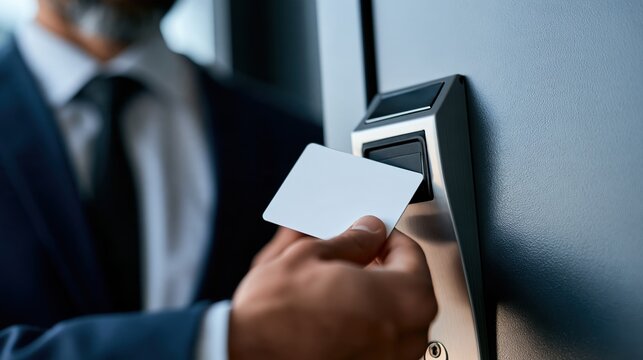 A business professional in formal attire holds a white access card near a modern black card reader mounted on a light blue wall, demonstrating secure entry technology.
